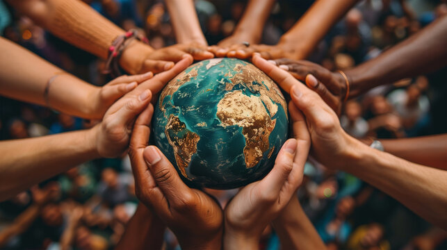 Network of hands forming a globe, with each hand representing a different continent and cultural heritage. Symbolizing global unity and collaboration