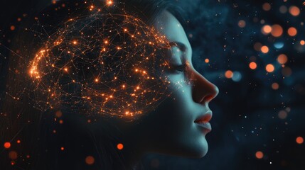 Woman with glowing brain-like structure, symbolizing  ideas, creativity, and innovation,  against a dark background with bokeh.