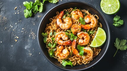 A top-down shot of an instant noodle bowl with shrimp, cilantro, and a wedge of lime, adding freshness to the quick meal.