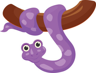 Cartoon illustration of a friendly purple snake hanging on a branch, smiling and looking forward