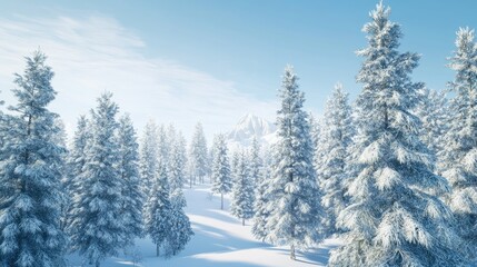 A vast snow-covered forest with towering pine trees dusted in white, creating a peaceful winter wonderland under a clear blue sky.