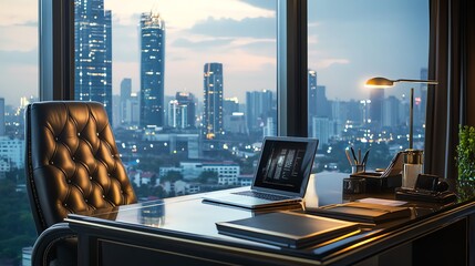 Plakat A modern office with a view of a city skyline at dusk.