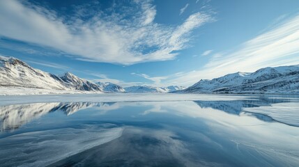 Fototapeta premium A view of a frozen lake with snow-covered mountains rising in the background, reflecting the bright winter sky.