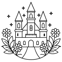 Naklejka premium fairytale castle flower town outline coloring book page line art drawing
