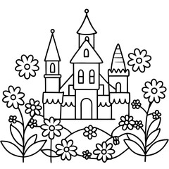 Obraz premium fairytale castle flower town outline coloring book page line art drawing