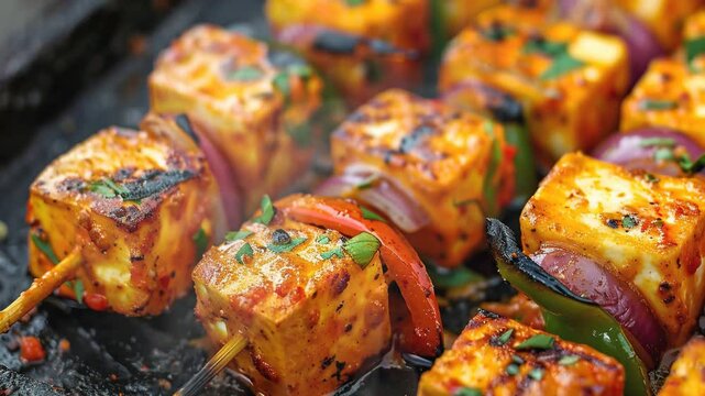 Paneer Tikka on the table moves with smoke around