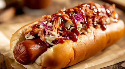 Barbecue-style hot dog topped with pulled pork, BBQ sauce, and coleslaw, served in a soft bun