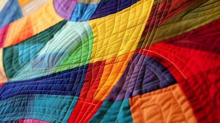 A colorful patchwork quilt with intricate stitching.