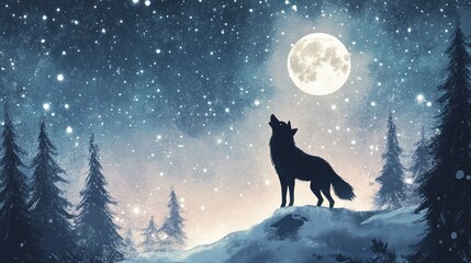 A wolf howling at the winter moon, standing on a snow-covered ridge with a star-filled sky and forest below.