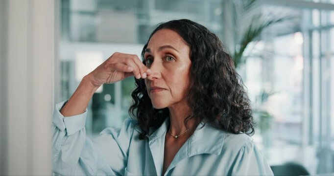 Business, woman and sad with stress in office for corporate mistake, project fail and anxiety of burnout. Female person, relax and thinking by window for career risk, proposal crisis and disaster