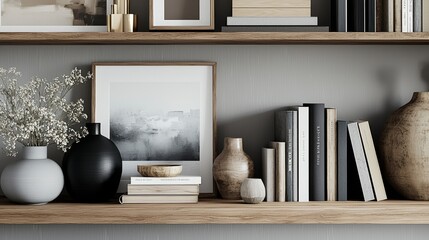 Minimalist Shelf Decor with Vases and Books, Abstract Art, Interior Design, Home Decor, Shelf Styling