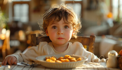 little boy  is having healthy breakfast with salad and fruit 