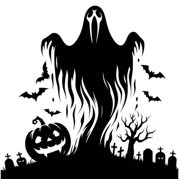 recommend clip art: Halloween ghost and Halloween pumpkin flying ghost coffin and cross silhouette vector illustration 