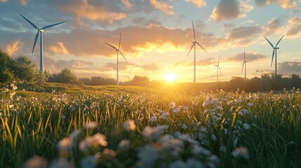 A photo stock image of wind turbines in a field producing clean energy for a green future, perfect for renewable energy designs, 3D render.
