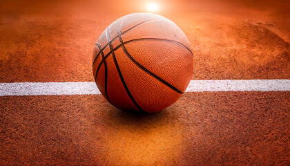 Obraz premium Basketball ball on the ground. Close-up ball on the red court. Basketball on the street 