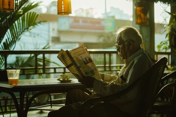 A senior man sits comfortably at a table in a cafe, engrossed in a newspaper, with a cup of tea and a glass beside him as afternoon light filters through.
