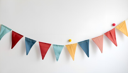 Obraz premium Bunting with colorful triangular flags on white background. Festive decor