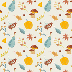 Autumn seamless pattern with pumpkins, mushrooms and leaves	
