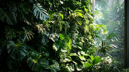 A green plant wall with tropical plants, adding a touch of the exotic