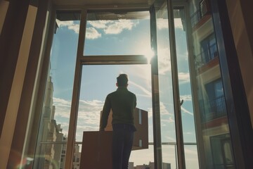 A person with a box gazes out of a large window, taking in the city view under a bright sky filled with clouds on a sunny day.