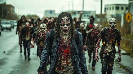 Naklejka premium The Undead Horde A Close-Up of a Zombie in a Bloody Jacket, Horror, Zombie, Apocalypse
