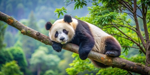 Obraz premium Sleeping panda bear resting on tree branch in China's Bifengxia Nature Reserve, Sichuan Province