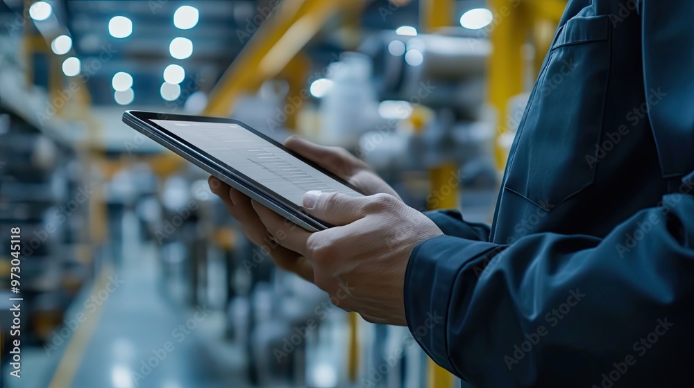 Poster a worker's hand holding a tablet displaying a data graph in a factory setting.
