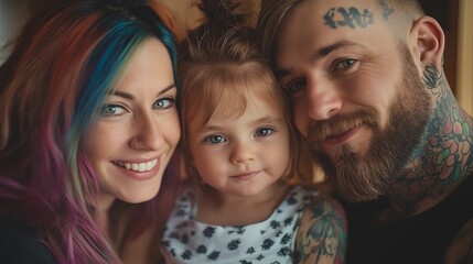 Portrait of a Tattooed Family with Smiling Child
