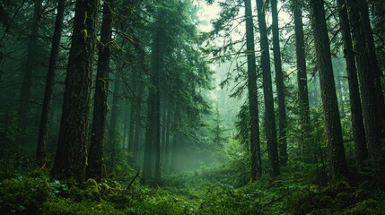 Obraz premium A dense green forest with towering trees, mysterious and inviting