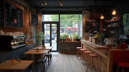 Interior of a Cafe with Wooden Bar and Bar Stools