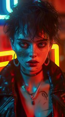 A young woman with short dark hair and a leather jacket stands under a neon sign, looking intensely at the camera.