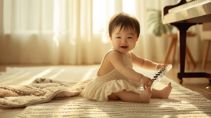 Fototapeta premium asian child baby girl is sitting on the puffy rug in the kid playroom learning to play music instrument 