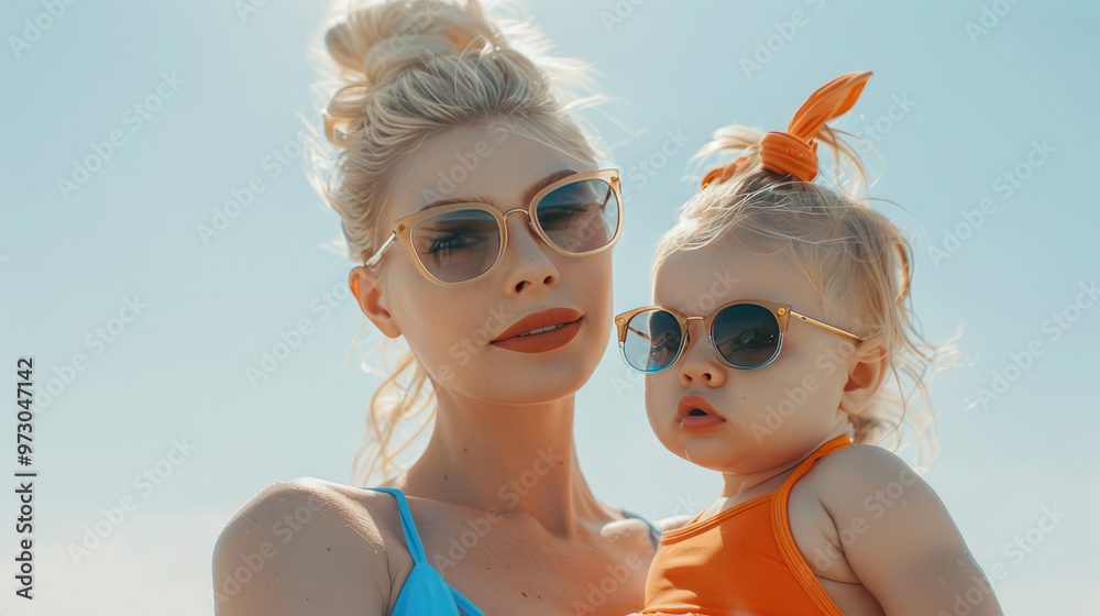 Canvas Prints beautiful young mother wearing sunglasses and swimsuit is holding her baby at the beach 