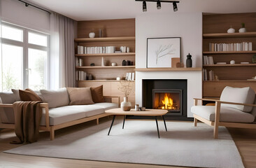 A white sofa with an armchair by the fireplace with cushions, wooden shelves and large windows. Scandinavian interior design