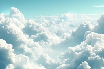 A soft cloudscape with fluffy white clouds against a light blue sky, creating a dreamy and calming effect. Perfect for promoting mental and emotional well-being