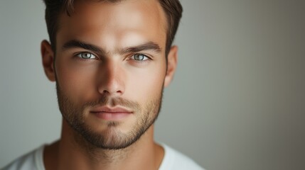 Naklejka premium A young man poses against a neutral backdrop with a confident expression and captivating green eyes in a casual white t-shirt