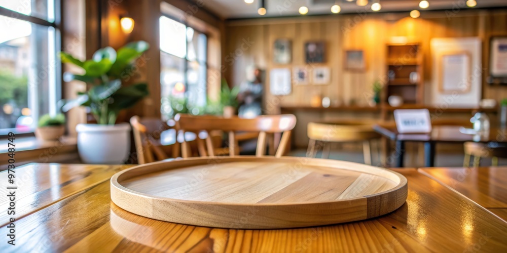 Poster empty wooden round tray on table in a cozy cafe setting