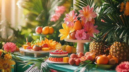Tropical Fruit and Flower Centerpiece on a Table