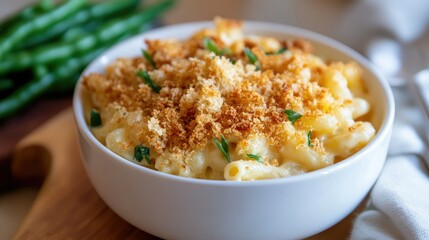 A bowl of creamy mac and cheese topped with crispy breadcrumbs and served with a side of green beans.