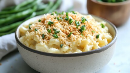 A bowl of creamy mac and cheese topped with crispy breadcrumbs and served with a side of green beans.