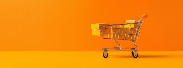 Shopping cart with yellow boxes on a vibrant orange background