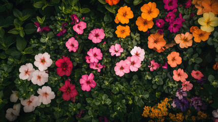 Naklejka premium From above, a field of vibrant geraniums in various bright colors forms a cheerful and welcoming floral landscape.