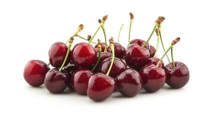 A bunch of fresh cherries with their stems still attached, arranged on a white background.