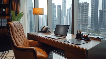 Fototapeta premium A modern office with a view of a city skyline at dusk.