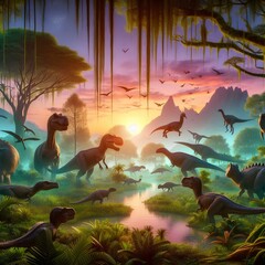 A serene prehistoric scene featuring various dinosaurs roaming in a lush landscape with a vibrant sunset backdrop.