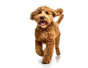 Studio Portrait of Smiling Goldendoodle with curly fur walking forward isolated on white background