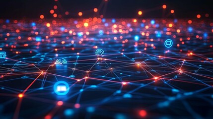 Abstract Network with Red and Blue Lights and Icons