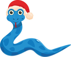 Smiling blue snake wearing a santa claus hat for christmas holidays, funny reptile character