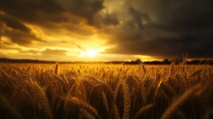 Wheat fields illuminated by the warm tones of the golden hour, with each grain glistening under the dramatic, darkened sky