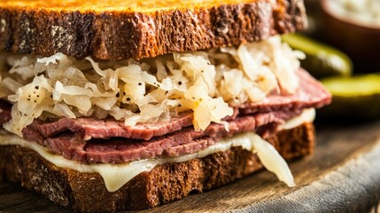 A close-up of a classic Reuben sandwich with corned beef, Swiss cheese, sauerkraut, and Thousand Island dressing on rye bread, served with a side of pickles